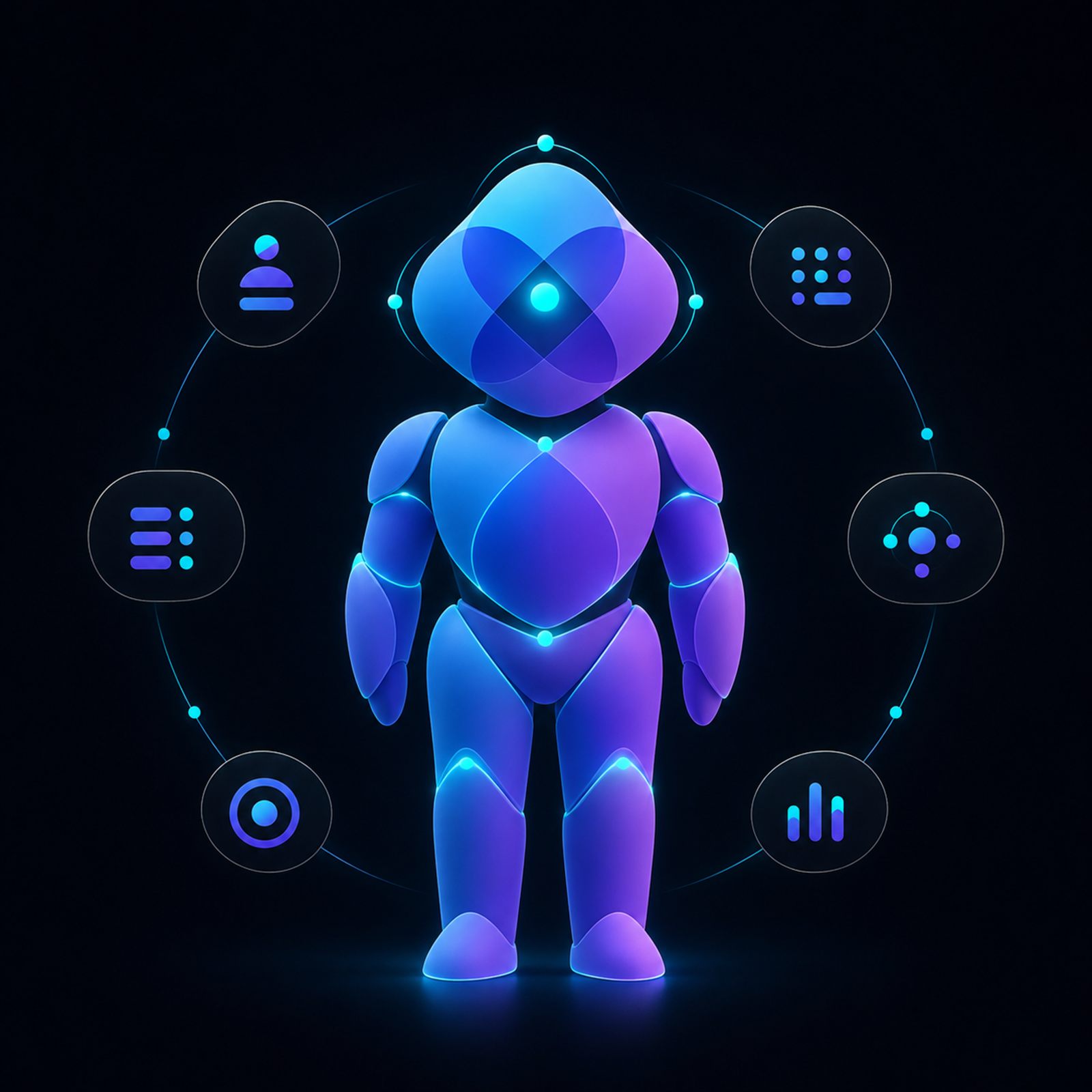 O robô de marca da ELD AgentOS representando um funcionário digital, cercado pelos atributos que o estruturam: cargo, skills, permissões, supervisor e histórico.