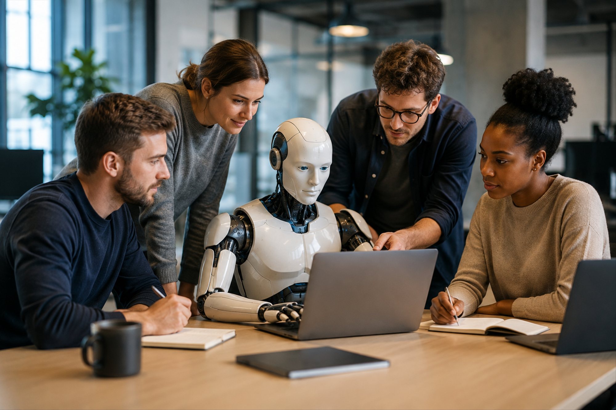 Equipe de profissionais e um funcionário digital da ELD AgentOS analisando um projeto juntos em uma mesa de reunião.