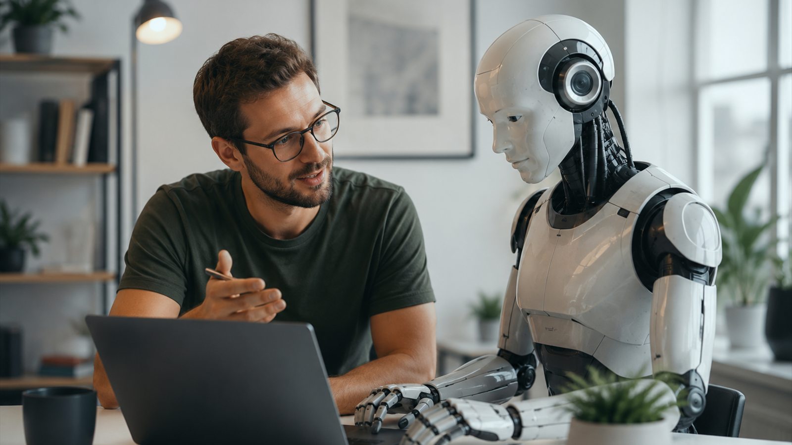 Profissional humano supervisionando de perto um funcionário digital da ELD AgentOS em um escritório.